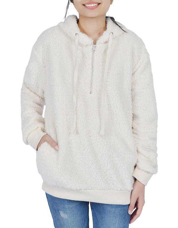 Women's Oversized Pullover Hooded Sweatshirt with Pockets -WHITE