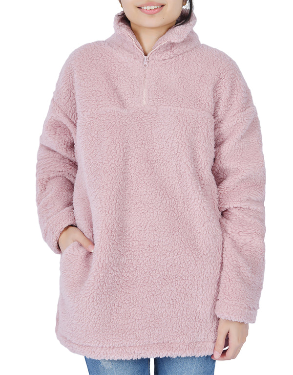 Women's  Long Sleeve Fuzzy Sherpa Fleece Zip-Up Sweatshirt -BLUSH