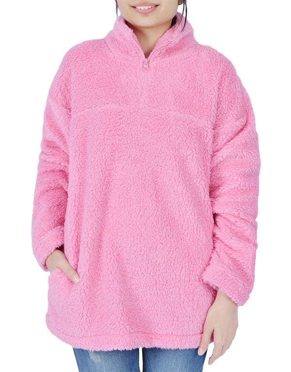 Women's  Long Sleeve Fuzzy Sherpa Fleece Zip-Up Sweatshirt -HOT PINK