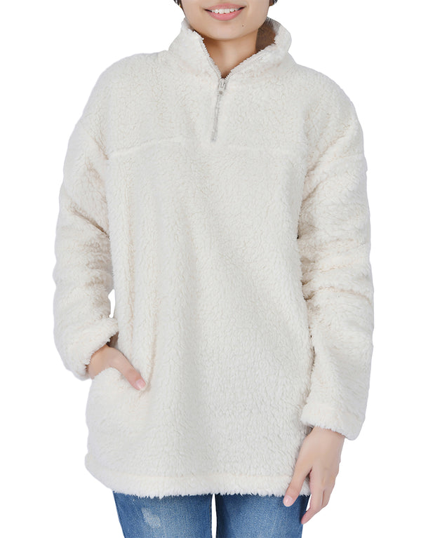 Women's  Long Sleeve Fuzzy Sherpa Fleece Zip-Up Sweatshirt -WHITE
