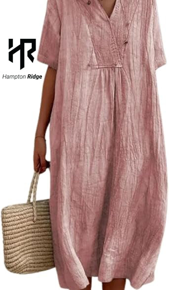 Hampton Ridge- Women's Cotton Linen Midi Dress Soft V-Neck 3/4 Sleeve Casual Dresses for Summer Beach Vacations Everyday Wear