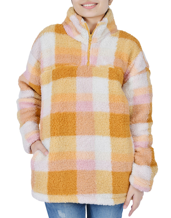 Women's  Long Sleeve Fuzzy Sherpa Fleece Zip-Up Sweatshirt -CHECK PRINTED