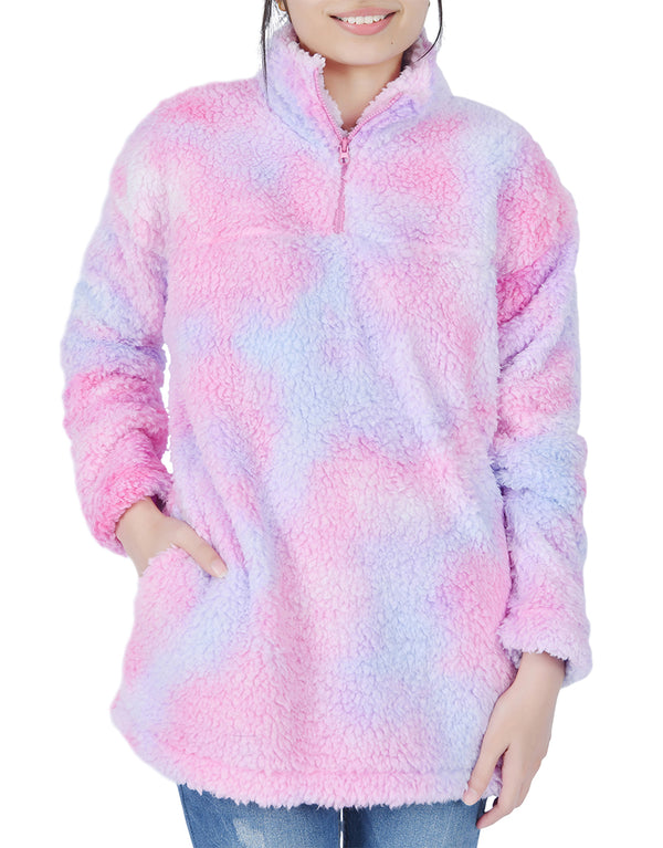 Women's  Long Sleeve Fuzzy Sherpa Fleece Zip-Up Sweatshirt -TIE DYE