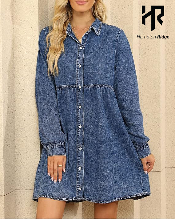 Hampton Ridge- Long Sleeve Denim Dress for Women Jean Dress Button Down Casual Babydoll Denim Shirt 
